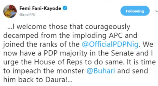 Its Time To Impeach President Buhari - FFK Reacts To The defection Of APC Senators & Lawmakers